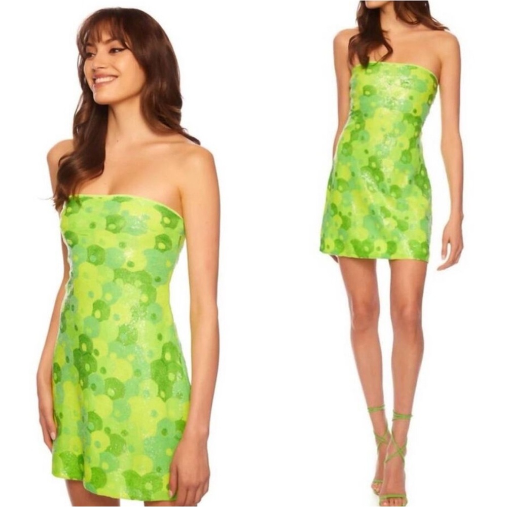 Susana Monaco Multi Sequin Tube Flare Dress M Bright Lime